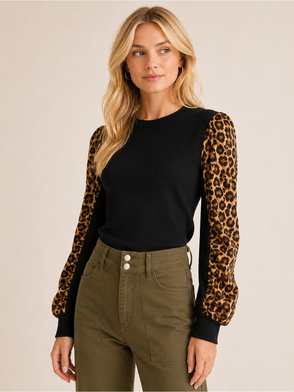 Veronica Beard Black Merino Wool Sweater Leopard Print Puff Sleeve 25601 - Picture 4 of 10